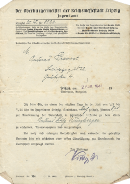 Aufforderung zur Anerkennung der Vaterschaft von Lutz Würzberger, 2. August 1944 trotzdem da! Ein Projekt der Gedenkstätte Lager Sandbostel, 2024